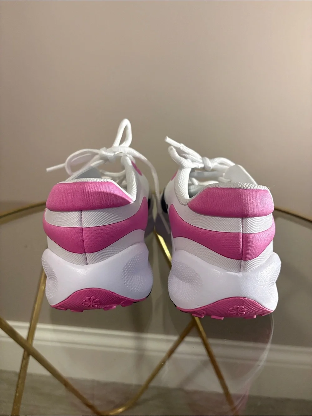 Nike Kids White and Pink Sneakers with Navy Swoosh